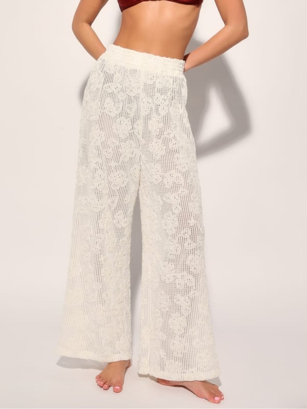NWT Lulus Sandy Sweetie Ivory Sheer Floral Applique Swim Cover-Up Pants
